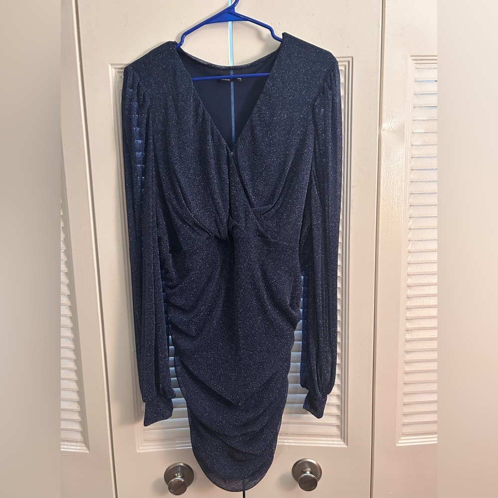 SHEIN Blue Ruched Wrap Dress with Bishop Sleeves